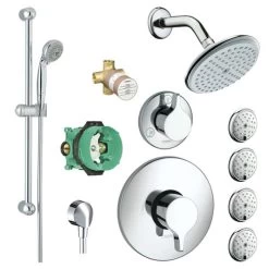 Hansgrohe KSHB27466-04355-9445PC Raindance Shower Faucet Kit With 4 Body Sprays, Wallbar PBV Trim, Diverter Trim, And Rough-In